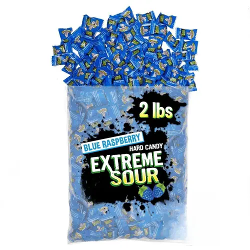 WARHEADS Blue Raspberry Extreme Sour Hard Candies - 2 lbs Weight Bulk Bag, Individually Wrapped Fruit-Flavored Candy, Birthday Use, Microencapsulated Malic Acid, Not Kosher, Milk & Soy-Processing Facility, Extreme Sour Kick, Food, Sour Candy