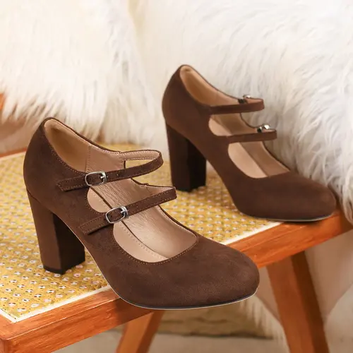 Elegant Classy Women's Mary Jane Footwear High Heels, Comfortable Soft Velvet Design, Buckle Strap Round Toe Thick Heel Rubber, Perfect for Parties, Weddings, Work, Stylish Fashion Shoes