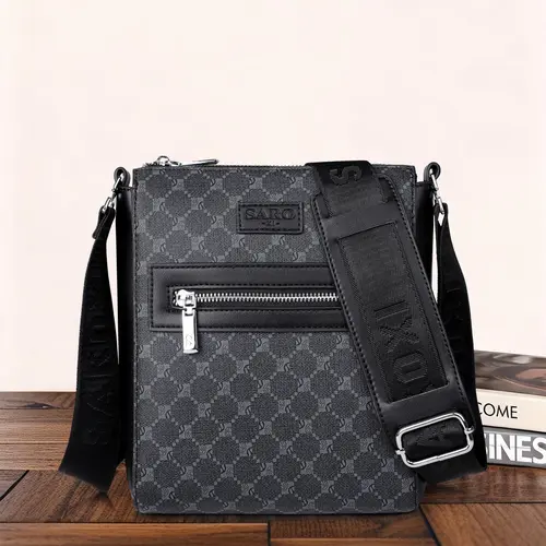 Men's New Trend Business Style All Over Print Zipper Crossbody Bag, PVC Leather Shoulder Bag, Shoulderbags, Casual Square Crossbody Bag with Adjustable Strap for Work Office & Daily Use