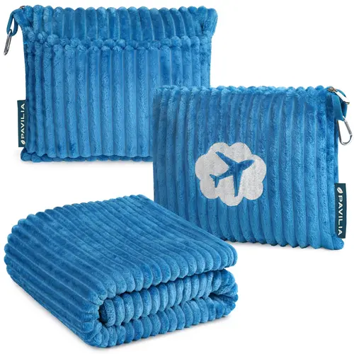 PAVILIA Travel Blanket Pillow Set - 65x40 Inches Compact Packable Airplane Blanket with Soft Pockets Bag, Luggage Strap, Travel Must Haves for Flight, Car Travelers Accessories Gifts