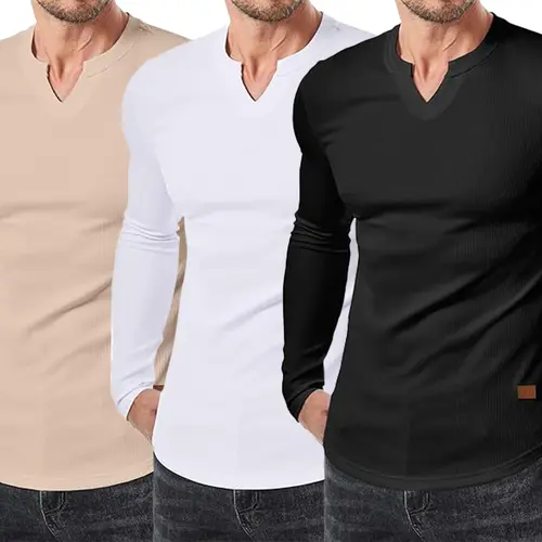3-Pack Royaura Mens V-Neck Longline Ribbed Plain Longsleeves T-Shirts - Menswear Fashion, Casual Fashion Fitted Muscle Tops, Valentine's Day Gifts for Him, TikTok Shop Deals,back to school,back to school shopping