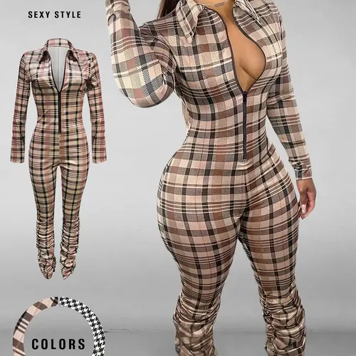 Women's Sexy Casual Plaid Bodycon Jumpsuit with Collared, Zipper Front & Ruched Design, Tight-Fitting Long Sleeve Jumpsuit for Fall & Winter, Womenswear Fitted One Piece Jumpsuits