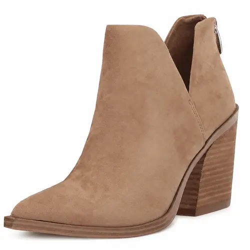 Coutgo Womens Pointed Toe Stacked Mid Heel Ankle Boots V Cut Back Zipper Faux Leather Booties