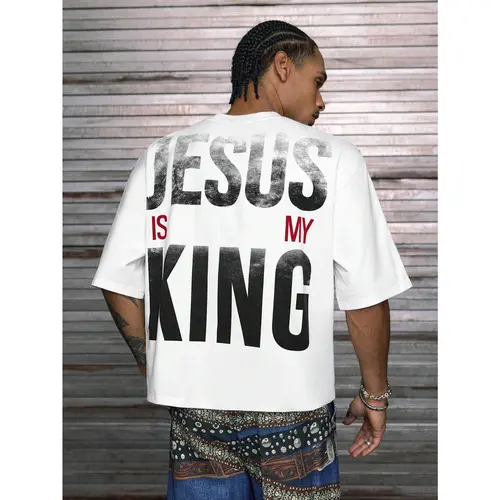 【Order Size Up】Jesus Is My King DealsForYouDays Printed Patchwork Cropped V-Neck Short Sleeve T-Shirt, Multi Sizes For Men, Streetwear Fit