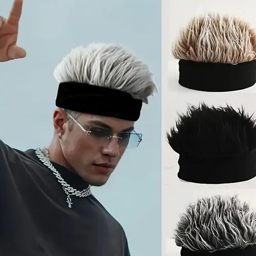 Men'S Funky Faux Fur Knit Beanie Hat - Hip-Hop Style, Straight Hair, No Brim, Perfect for Parties & Cosplay, Black & White Design, Party Accessory |   Funky Beanie |   Faux Fur Hat, Knit Beanie Hat