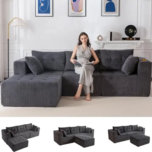 MAXYOYO 101" Modular Sectional Sofa Couch, 4-Seat Sofa, L Shaped Modern Cloud Couch with 1 Ottoman, Sofa in A Box, Tufted 4-Seat Boneless Sleeper Chair for Living Room, No Assembly Required  | Compressed Sofa