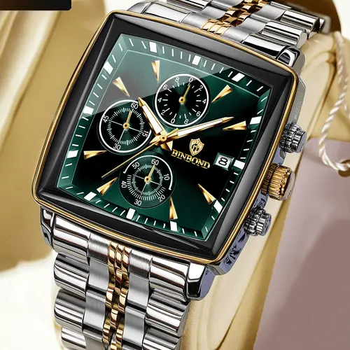 BINBOND Square Dial Sport Wristwatch Waterproof Luminous Chronograph Quartz Stainless Steel Watch,Business Quartz Watch, Business Fashion Watch,Daily Clothing Decor,All-match Watch for Birthday Gift with Box
