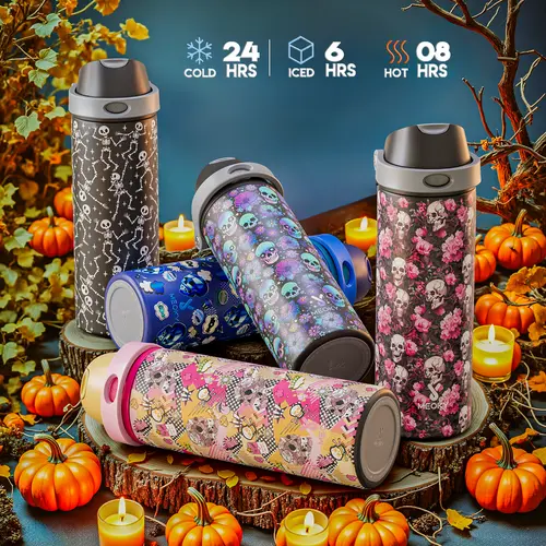 [Meoky Skull Pattern Series] 24oz Water Bottle with Straw & 2-in-1 Lid Leak-proof Stainless Steel Thermos Keeps Cold for 24 Hours BPA-free Silicone Base Perfect for Travel School or Gifts - Drinkware Tumbler#TikTokShopSummerSale