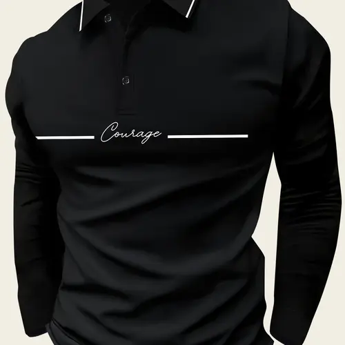Men's Long Sleeve Polo Shirt with 'Courage' Print, Casual and Business Casual Attire for Fall/Spring, Lightweight and Ideal for Daily Outings