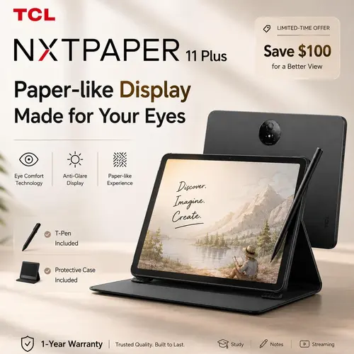 TCL NXTPAPER 11 Plus Android Tablet - 11.5" 120Hz 2.2K Drawing Pad & Digital Notebook with Stylus, Flip Case, Metal Stand, Charging Protection, 8+8GB RAM, 256GB Storage, 8000mAh Batteries, NXTPAPER 4.0 Display, AI Tools, Onyx Black