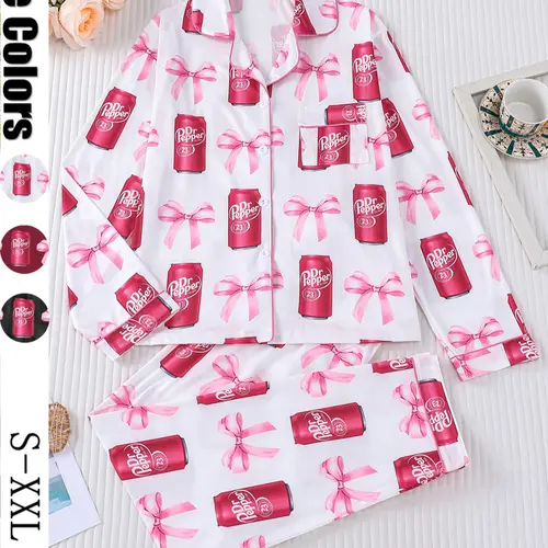 Dr Pepper,Women's 2-Piece Pajama Set, Long Sleeve Top & Elastic Pants, Casual Fall Winter Loungewear, All over Print Design