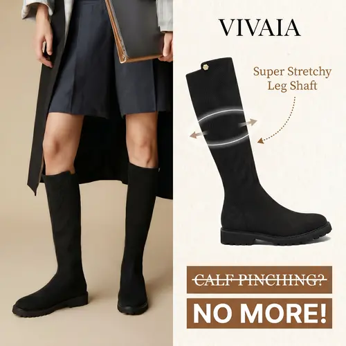 VIVAIA Women's Round-Toe Stretchy Wool Knee-High Boots (Filipa) - Wide Calves Friendly, Block Heel, Arch Support, Water Repellent, Activated Carbon, Winter Travel Riding Boots, Back to School