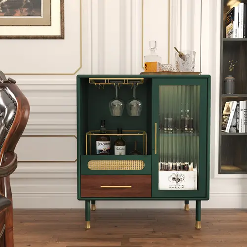 HLR Emerald Green Bar Cabinet with Gold Accents, Rattan Detail, 37" Dual-Zone Storage & Pull-Out Drawer – Classic Style Furniture for Apartment, Studio Apartment Furniture, Ideal for Home Entertainers, Living Room Modern Decor su sohochic