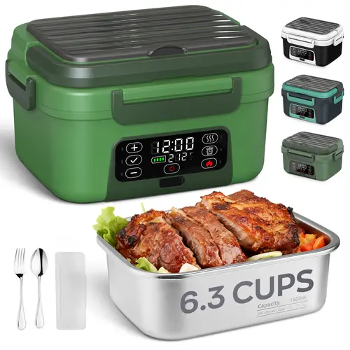 Portable  Electric heating lunch box, Featuring Automatic Heating Function, Intelligent Timer, Large-Capacity Durable Meal Container, Suitable for Trucks/ Cars/Offices/Camping/Travel Rechargeable Lunch Box, Green Meal Box   backto school