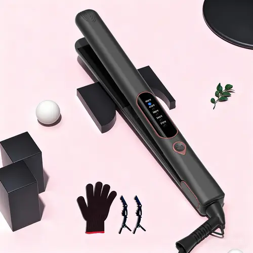 Thirtek 2-in-1 Curlers & Straighteners Hair Tool, Plug-Powered Hair Curlers & Flat Iron Curls, 15s Fast Heat-Up, 5 Temp LED Display, Floating Plates, 360° Rotatable Cord, Heat-Resistant Glove, 2 Clips