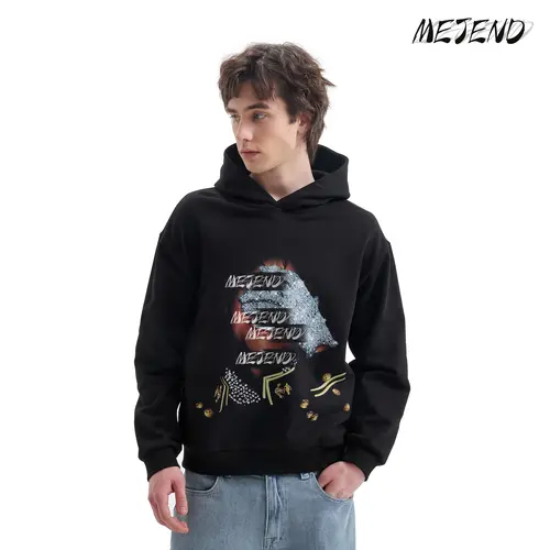 MJ Rhinestone Tee, MeJend Unisex 100% Cotton Long Sleeve Sweatshirt, Oversized Streetwear Pullover, Casual Outfit Fall Winter Clothing Glove with Diamonds