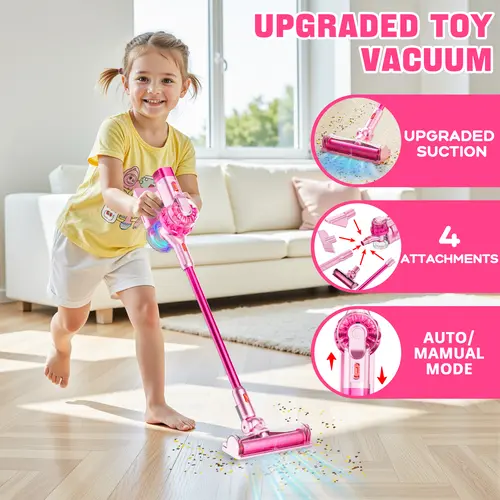 BLAXTEM Upright 4-in-1 Unisex Kids Toy Vacuum Cleaner Set - Lightweight, Strong Suction, 4 Attachments, Auto-Manual Modes, Sound & Light, Interactive Pretend Play Toy for 3-7 Year Olds, Cleaning Chores Cool Gift for Kids