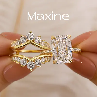 MAXINEJEWELRY 7.0ct Radiant Cut Bridal Engagement Ring Set,Tarnish Resistance 14K Gold Plated,Stackable Nesting Insert Wedding Band,Travel Friendly Daily Fine Jewelry