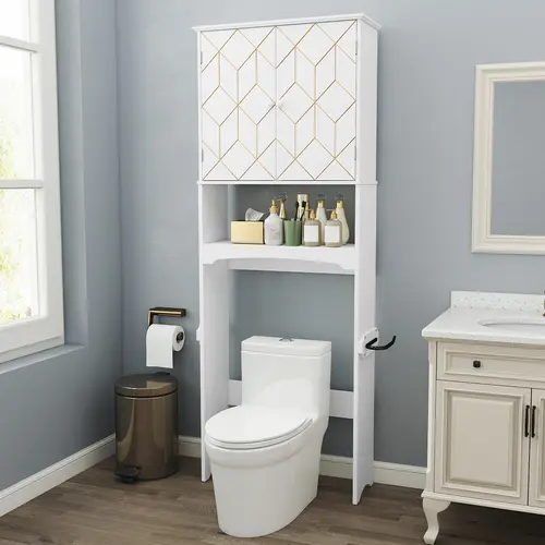 HLR Gold Trimmed Over-Toilet Storage Cabinet - Sturdy, Waterproof, Space-Saving, Elegant Wall Mount Bathroom Cupboard with Hidden Storage | Ideal for Small Apartments, Modern Homes | Perfect for Bathroom Upgrade Enthusiasts
