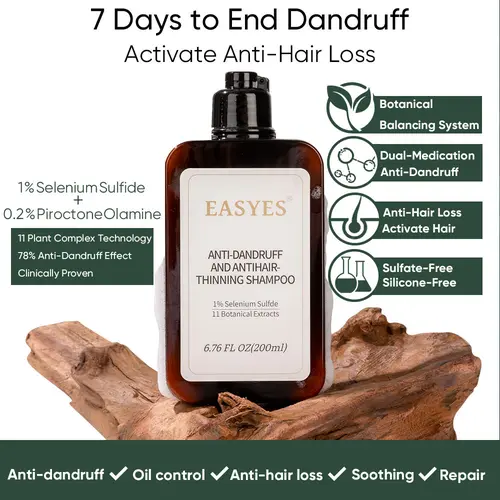 【Easyes】Anti Hair Loss & Dandruff Hair Thickening Shampoo |DHT Blocker with Rosemary Ginger & Tea Tree, Strengthens Roots, Reduces Hair Fall, 1% Selenium Sulfide + 11 Herbal Actives for 78% Less Flakes & +38% Density in 7 Days - N