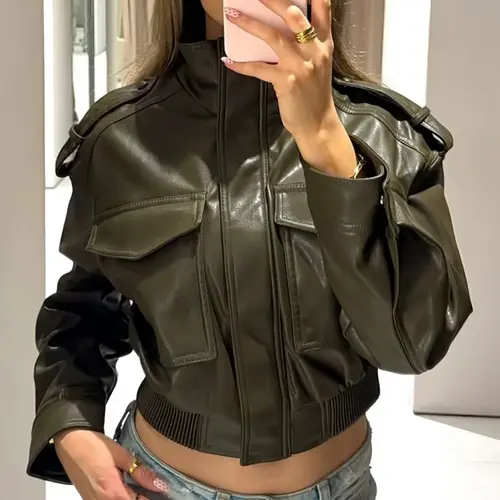 Women's Olive Green Faux Leather Fitted Long Sleeve Bomber Moto Jacket with Stand Collared Collar and Flap Pockets, Casual Short Layered Streetwear Outerwear Coats, Biker Jacket Coat, Casual Fall Jacket, Casual Fashionable Outerwear