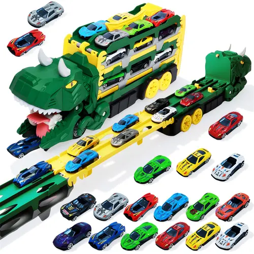 UDROLL Dino Vehicle Playset - Transforming Dinosaur Transport Truck, Unisex Toddler Kids Toys, 12 Mini Die-Cast Cars, Launch Ramps, Storage for Ages 3-6