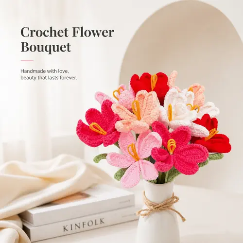 Handmade Crochet Bouquet Flowers - Vase-Not-Included Artificial Decorative Flowers, Fall Home Decor, Gift for Girlfriend, Mother's Day Present