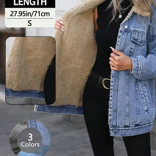 Women's Fall Winter Casual Long Sleeve Fitted Jacket, Elegant Solid Color Stand Collar Thick Warm Denim Coat, Jean Jacket Coat, Casual Coats, Casual Fashionable Outerwear, Versatile Outerwear for Women Lady Womenswear, Autumn Denim Jackets
