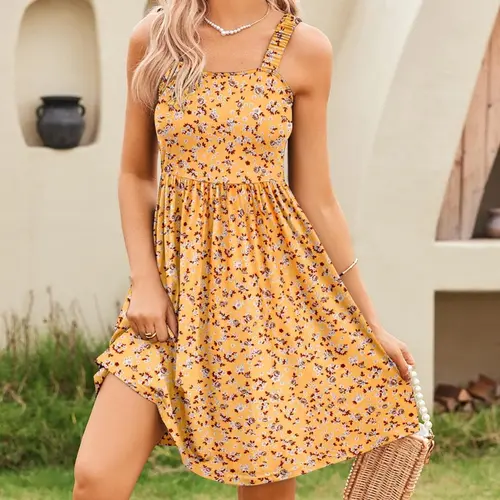 ZEAGOO Women's Light Stylish Summer Floral Square Neck Sleeveless A-line Swing Mini Casual Sundress with Pockets, Ideal for Cruise Outfits for Women, Cute Trendy Going Out Clothes