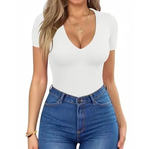 ZEAGOO Women's Short-Sleeve Deep V Neck T-Shirts - Ribbed Knit, Slim Fit, Stretchy, Sexy Low Cut Summer Casual Clothes, 92% Viscose 8% Spandex Wardrobe Staples