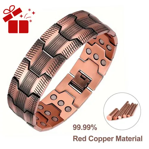 99.99% Pure Copper Magnetic Bracelet for Men - Hypoallergenic Masculine Wide Band with Carved Tyre Graphic, Adjustable 3-Row 3x Strength 3500 Gauss Magnets, Lead&Nickel Free Father's Day Guys Gift, Fashion Accessory, Mens Gifts