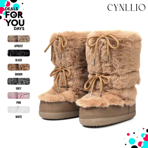 Womens Faux Fur Mid Calf Boots Rounded Toe Platform Heels Fashionable Cozy Fluffy Plush Snow Boot Lace Up Non Slip Comfortable Outing Party Casual Nightclub Event Ski Boot Chilly Day Booty