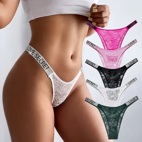JROZXF Women's 5pcs Rhinestone Lace Bikini-Shaped Thongs - Knit Fabric, Low-Waist Glam, Stretch, Comfortable, Skin-Friendly, Solid Soft Lingerie, Semi-Sheer Lace, Rhinestones Add Luxe Shine, Chic Look, Hand Wash, Birthday Holiday Gifts for Lovers