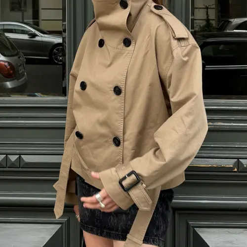 Women's Windbreaker Beige Cropped Trench Coat Double Breasted Jacket with Belted Waist Shoulder Casual Women's Layered Outerwear Female Coat Spring Winter Jacket