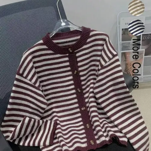 Autumn Winter Casual Striped Knit Cardigan Sweater, Oversized Fit Colorblock Design, Round Neck Button Front Style, Knitwear