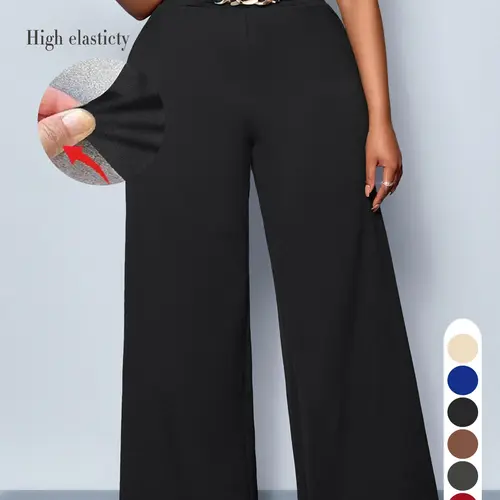 Women's Plus Size Casual Plain Wide Leg High Waist Elastic Pants, Long Fitted Kint Fabric, All Season Comfortable Clothing for Daily Wear & Travel, Casual Comfy Trousers