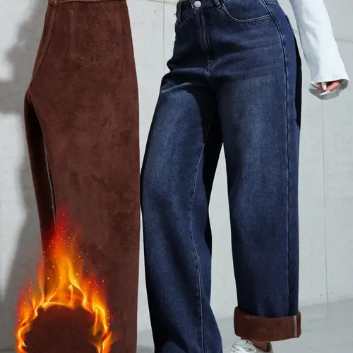 Women's Fleece Lined Thickened Fall Winter Fashionable Versatile Trendy Wide Leg Straight Washed Denim Jeans Pants Bottoms