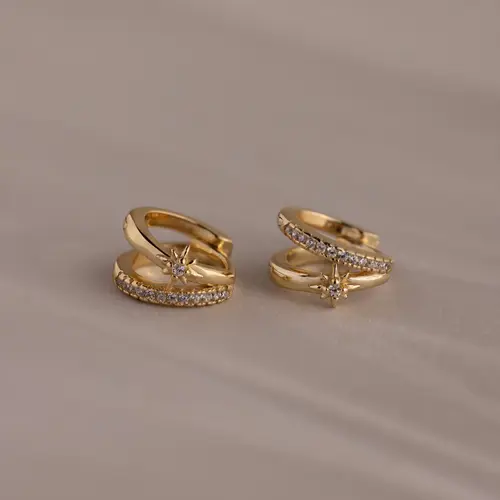 Starburst Pave Duo Huggies by Caitlyn Minimalist - Dainty Crystal Star Huggie Earrings - Pave Diamond Double Hoop Earrings - Celestial Jewelry - Birthday Gift for Her