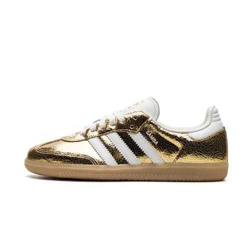 Adidas Samba OG Female Gold Metallic Cracked Leather Athletic Sneakers - Rubber Sole, Streetwear Grip, Daily Casual Comfort Fashion Sports Footwear, Sports Shoes, Shoes