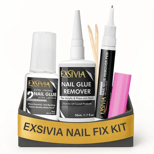 EXSIVIA Nail Fix Kit Set, Acetone Free Nail Remover, Strong Brush-On Glue, refillable nail remover pen for press ons