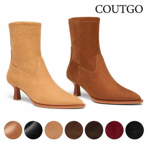 Coutgo Womens Pointed Toe Ankle Boots Stacked Kitten Low Heel Side Zipper Fall Booties Shoes