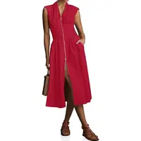 Wenrine Women's Elegant Polyester-Elastane A-Line Smocked Midi Dress - Lightweight Casual Dresses, V-Neck, Cap Sleeves/No Shoulder Option, Zipper Front, Side Pockets, High Slit, Soft Flowy Fabric (Casual/Going Out Wear)