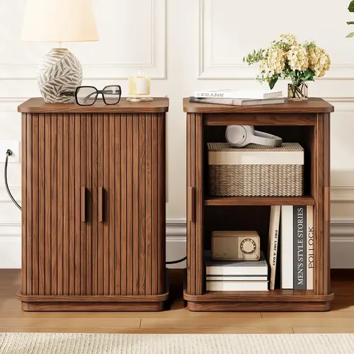 【Sliding Door Design】ONBRILL Square End Table with Storage & Charging Station, Fluted Accent Side Table with Sliding Door & Sturdy Pedestal, Mid-Century Modern Nightstand for Small Space, Living Room Furniture【SohoChic】,dorm essentials,home decor