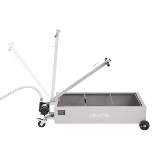 【Summerfinds】VEVOR Low Profile Oil Drain Pan, 20 Gal Capacity with 120V Electric Pump, 7.2 ft Hose, T-Folding Handle, Debris-Block Mesh, Brake-Lock 4 in Wheels, Leak-Proof Corrosion-Resistant for Cars, SUVs, Trucks, ATVs, White
