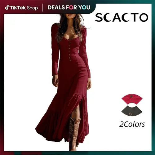 Scacto Women's Soft Drape Solid Vintage Western Long Sleeve Square Neck Maxi Dress - Ruffle Lace Trim, High Slit, Body Contour Polyester, Country Concert Outfit, Cowboy Aesthetic, Formal Going Out Apparel, All Seasons, Womens Dresses