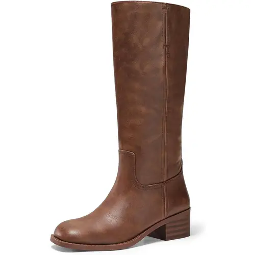 Coutgo Women's Knee High Boots Square Toe Chunky Block Heel Tall Boots Comfortable Low Heel Shoes