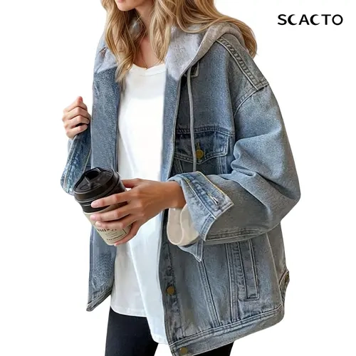 Scacto Women's Oversized Collared Long Sleeve Hooded Denim Jacket - Retro Loose Fit, Lightweight Elastic Soft Stretch Fabric, Button Closure for Casual Streetwear & Daily Wear | Women's Tops, Coats,sohochic