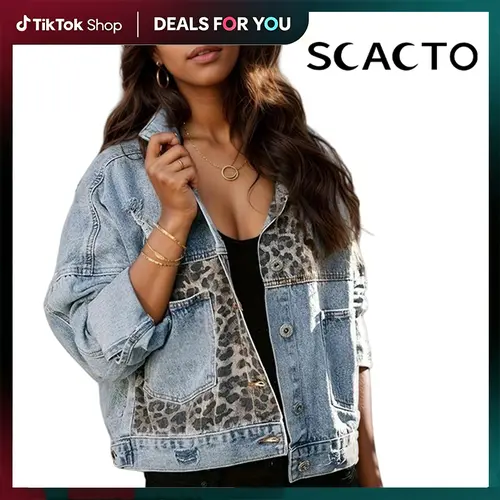 Scacto Women's Denim Jacket with Leopard Patch, Long Sleeve Coats for an Elevated Casual, Cool Girl Style,back to school,back to school shopping, Outerwear Womenswear Collared