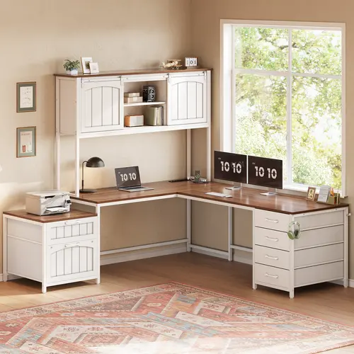 Sedeta 63-Inch Farmhouse L-Shaped Executive Desk, Reversible Hutch (Left/Right), 6 Drawer Storage, 4 Outlets & 2 USB Ports Power Access, Modern Commercial Office Furniture