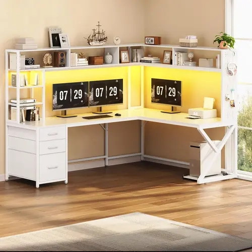 Sedeta 94.5" Max L-Shaped Convertible Corner Multi Purpose Desk - Sturdy Modern FSC-Certified Wood Home Office Workstation, Straight Desk Convertible, 7 Shelves, 3 A4 Drawer Fit Drawers, Power Outlet, RGB LEDs, Pegboard, Monitor Stand, Wood/Metal Build